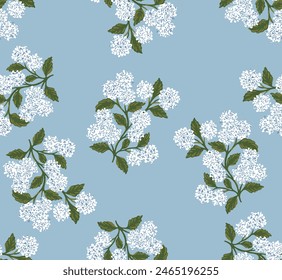 Abstract cute blooming hydrangea floral illustration blue background seamless pattern print for textile fabric vector graphic artwork