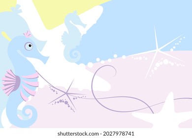 Abstract cute blue sea horse, starfish and silhouettes on colorful pastel background. Abstract underwater composition for design. Sea collection. Cartoon style. Vector illustration.