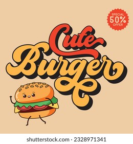 Abstract cute burger with Retro Script Font logo design Template 