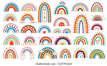 Abstract cute cartoon hand drawn rainbows for kids. Rainbow stickers with clouds, sun, heart, raindrops and wings. Doodle rainbow for baby products logo icon vector set