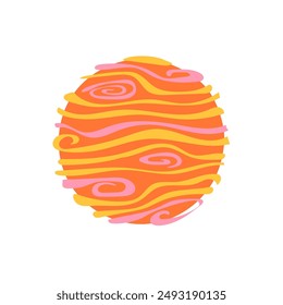 Abstract cute cartoon planet Jupiter, doodle style, hand drawn, bright flat illustration of space object, isolated on white background