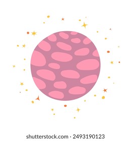 Abstract cute cartoon planet Mercury surrounded by stars, doodle style, hand drawn, bright flat illustration of space object, isolated on white background