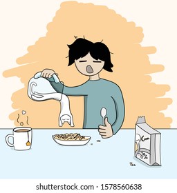 Abstract cute character, Vector drawing cartoon, creative illustration a boy is breakfast with cute cat for decoration graphic design and artwork, funny conceptual.