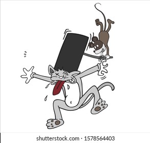 Abstract cute character, Vector drawing cartoon, creative illustration a mouse is knocking a cat by hammer on white background for decoration graphic design and artwork, funny conceptual.