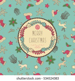 Abstract Cute Christmas Card With Seamless Holiday Pattern