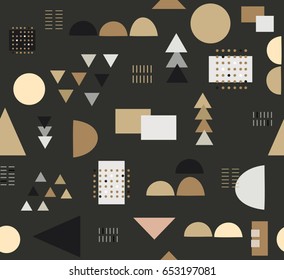 Abstract cute color geometric square triangle circle and semicircle design on black background pattern wallpaper seamless backdrop. Vector image