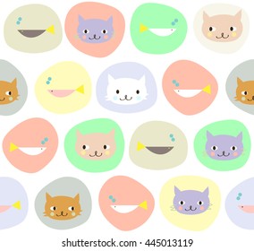 Abstract cute colorful cat face and fish with doodle circle design on white background pattern seamless backdrop wallpaper. Vector image