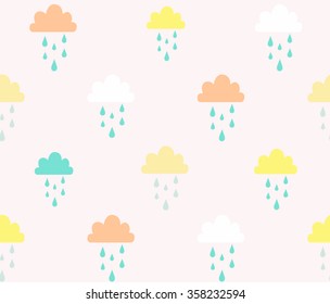 Abstract cute colorful clouds and raindrop on smooth cream background pattern seamless wallpaper. Vector art