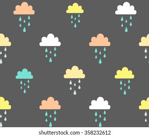 Abstract cute colorful clouds with raindrop on black background pattern seamless wallpaper. Vector art