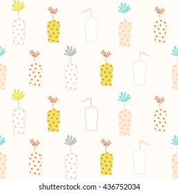Abstract cute colorful dot vase with plant on smooth background pattern seamless backdrop wallpaper. Vector image