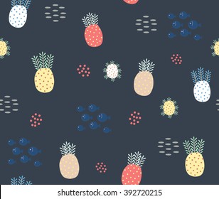 Abstract cute colorful exotic plant coral with dot and cute fish on dark blue background pattern seamless wallpaper. Vector image