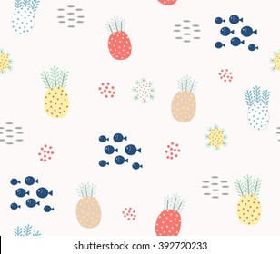 Abstract cute colorful exotic plant coral with dot and cute fish on smooth white background pattern seamless wallpaper. Vector image