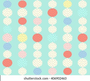 Abstract cute colorful geometric circle polka dots design with blue white yellow green and pink on blue sky background pattern seamless backdrop wallpaper. Vector image