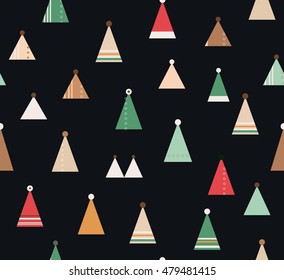 Abstract cute colorful geometric triangle christmas trees with stripes line and dots design on black background pattern seamless backdrop wallpaper. Vector image