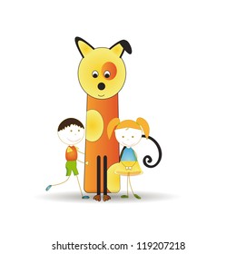 Abstract and cute colorful kids with dog