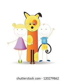 Abstract and cute colorful kids with dog