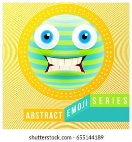 Abstract Cute Confused Emoji with Big Eyes and Open Mouth with Teeth. Abstract Emoji Series. Green Crazy Confused Emoticon Face on Yellow Background