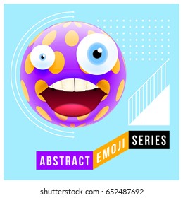 Abstract Cute Crazy Happy Emoji with Different Eyes and Open Mouth with Teeth. Abstract Emoji Series. Violet Crazy Happy Emoticon Face.