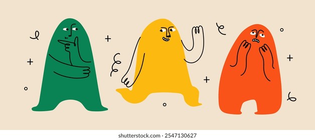 Abstrato bonito criatura ou pessoa ou mascote doodle personagens definidos com diferentes emoções de rosto. Desenho colorido avatares face fazendo gestos engraçados da mão e emoção no estilo de arte simples doodle