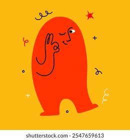 Abstract cute creature or person or mascot doodle character with pleasure and Ok face emotion. Colorful avatar design face doing funny hand gesture and emotion in simple doodle art style