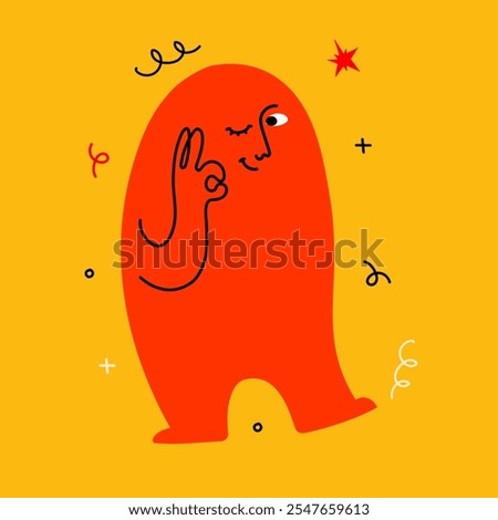Abstract cute creature or person or mascot doodle character with pleasure and Ok face emotion. Colorful avatar design face doing funny hand gesture and emotion in simple doodle art style
