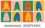 Abstract cute creatures or mascot doodle characters set with different face emotions. Colorful avatars design face doing funny hand gesture and emotion in simple doodle art style