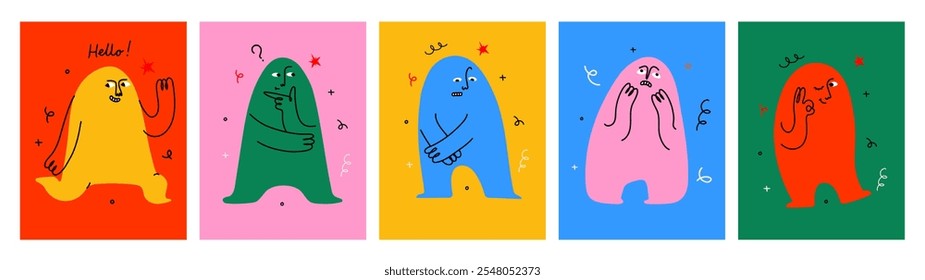 Abstrato criaturas bonitas ou mascote rabiscar personagens definidos com diferentes emoções de rosto. Desenho colorido avatares face fazendo gestos engraçados da mão e emoção no estilo de arte simples doodle