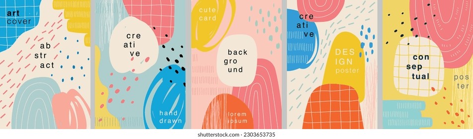 Abstract cute design cards, trendy prints with place for text, hand drawn posters. Vector illustration.