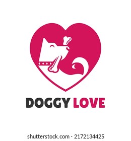 Abstract Cute Dog bites bone Combined with Love Symbol as Doggy Love Logo Design.