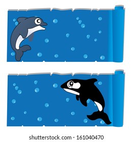 abstract cute dolphin and killer whale on special ocean background