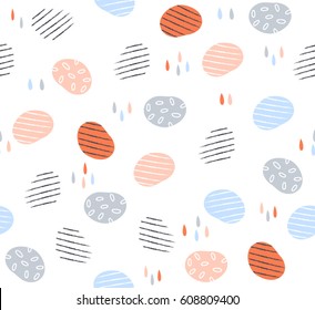 Abstract cute doodle circle line and dot with colorful raindrop design on white background, pattern seamless backdrop wallpaper. Vector image