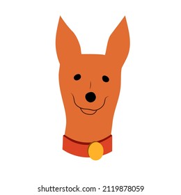 Abstract cute drawing of a dog with collar, flat dog head in cartoon style icon and logo, isolated on white background. Hand-held small dog. Vector illustration