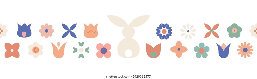 Abstract cute Easter seamless border with spring flowers, Easter bunny. Poster for washi tape, card, cup.