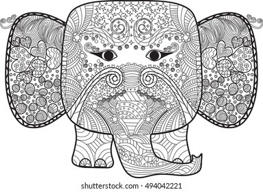 Abstract cute elephant  with doodle, Hand drawn cartoon elephant for adult anti stress coloring page. Pattern for coloring book., hand drawn design elements. Black and white T-shirt print. Batik paint