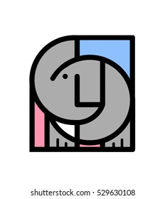 Abstract Cute Elephant Side View Illustration Vector with Raised Trunk and Tusk