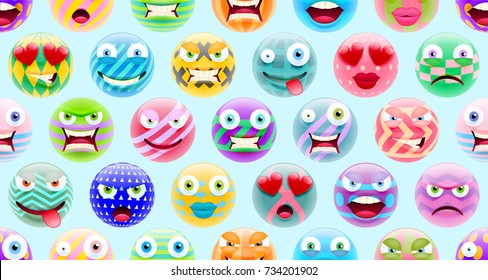 Abstract Cute Emoji Pattern. Abstract Emoticon Series. Variety of Emoticon Faces in Memphis Style on Blue Background