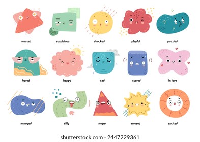 Abstract cute face emotions. Vector simple shapes mascots. Amazed and suspicious, shocked and playful, puzzled and bored, happy and sad, scared and in love, annoyed and silly, angry, amused and exited