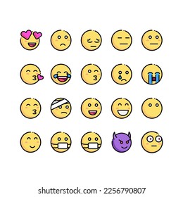 Abstrakte, süße, flache Emoji Emoticon-Reaktionsfarbe Symbol auf weißem Hintergrund