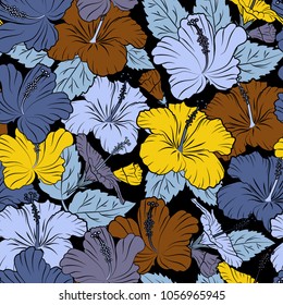 Abstract cute floral print in black and blue colors. Vector illustration. Bright beautiful hibiscus flowers seamless background.