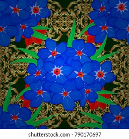 Abstract cute floral print in blue, green and brown colors. Vector illustration. Bright beautiful forget-me-not flowers seamless background.