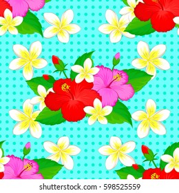 Abstract cute floral print on a blue background. Vector illustration. Bright beautiful hibiscus flowers seamless background.