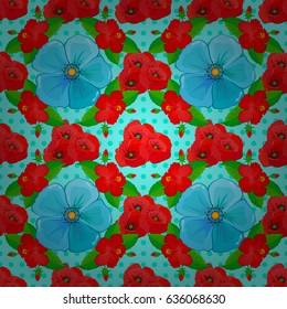 Abstract cute floral print on a blue background. Vector illustration. Bright beautiful poppy flowers seamless background.