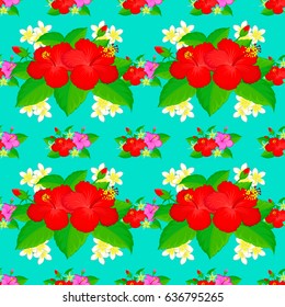Abstract cute floral print on a blue background. Vector illustration. Bright beautiful hibiscus flowers seamless background.