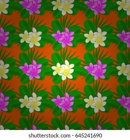 Abstract cute floral print on a orange background. Vector illustration. Bright beautiful plumeria flowers seamless background.