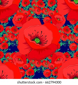 Abstract cute floral print on a blue background. Vector illustration. Bright beautiful poppy flowers seamless background.