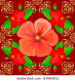 Abstract cute floral print on a red background. Vector illustration. Bright beautiful cosmos flowers seamless background.