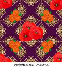 Abstract cute floral print in purple, red and neutral colors. Vector illustration. Bright beautiful poppy flowers seamless background.