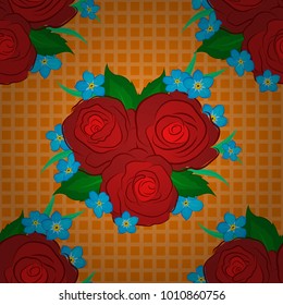 Abstract cute floral print in red, blue and orange colors. Vector illustration. Bright beautiful rose flowers and green leaves seamless background.