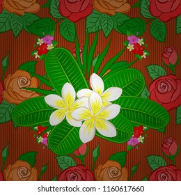 Abstract cute floral print in red, green and orange colors. Vector illustration. Bright beautiful plumeria flowers seamless background.