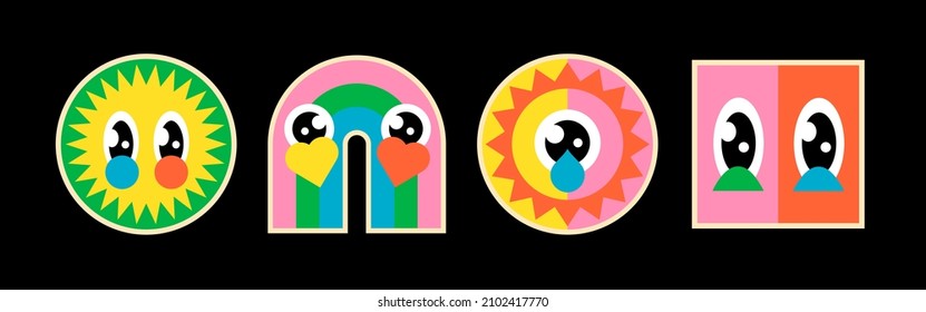 Abstract Cute Funny Comic Colored Trendy Characters Stickers Isoleted On Black Background. Acid Trip. Cartoon Kawaii Style. Vector Illustration.